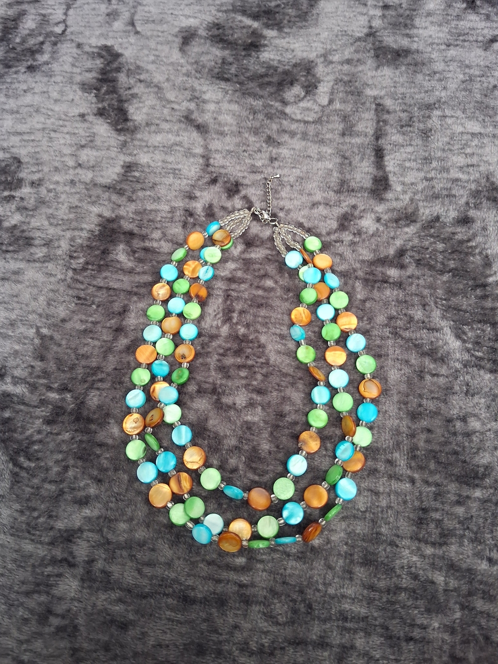 3 strand Multicolor Beaded Necklace, Adjustable Lobster Clasp Green, Brown, Blue